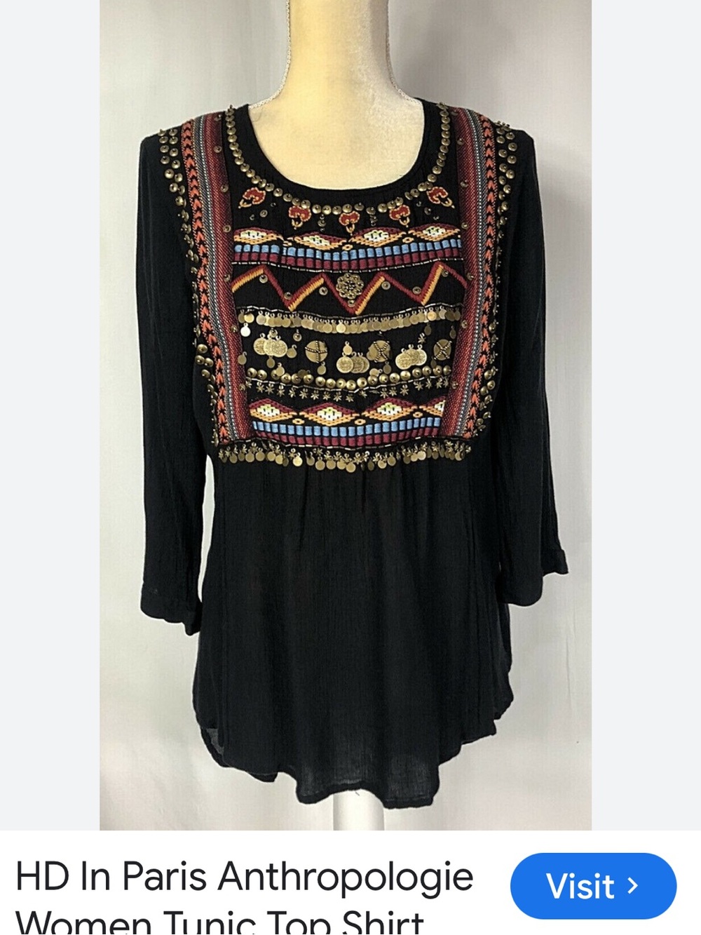 50%offw❤️ Anthropologie HD In Paris Women Tunic  EmbroideryBoho Aztec Black 6